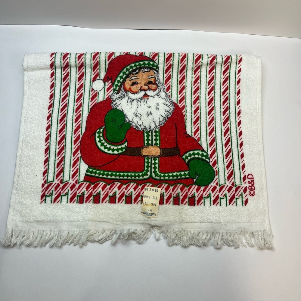 vtg 70s 80s christmas hand towel santa claus red white candy cane stripes 25x16‎